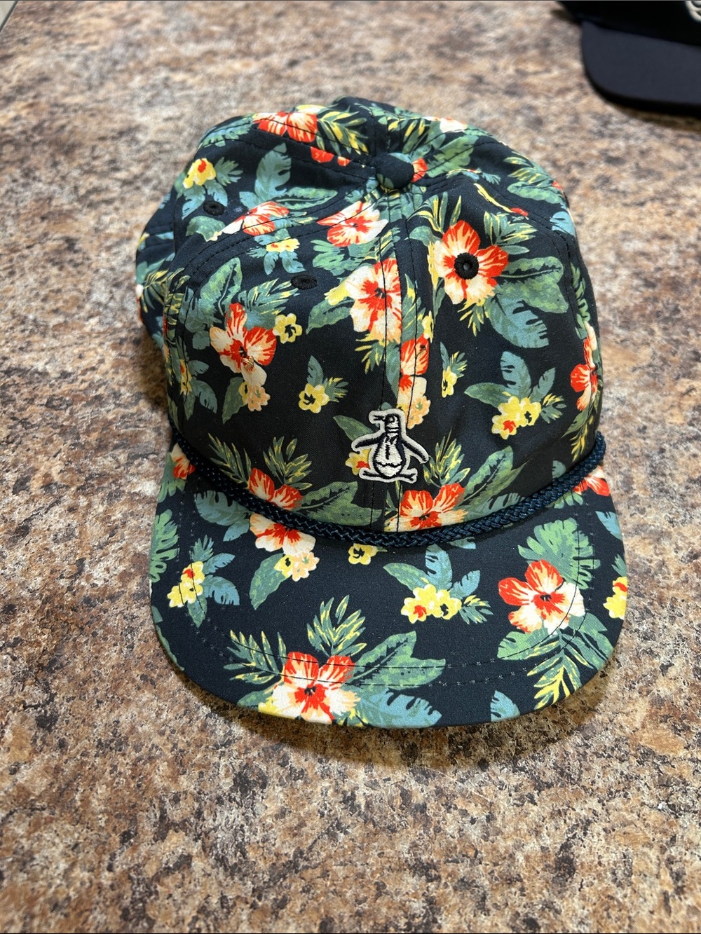 Floral Tropical Rope-Trim Cap with Penguin Patch